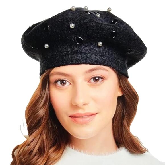 Women's August Hats Grommet/Pearl Embellished Wool Blend Beret, Black OSFM - Picture 4 of 8